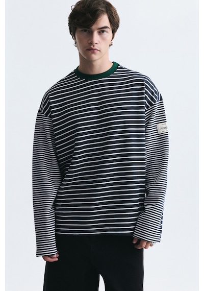 Vamos Kontrast Yaka Çizgili Sweatshirt Ekru-füme