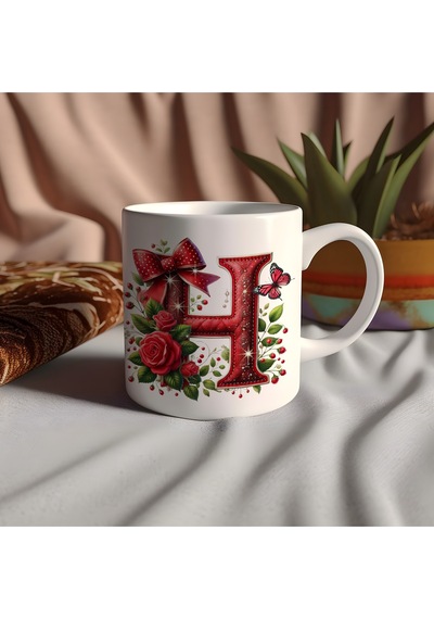 H Harfi Simli Gül Kupa Kırmızı Fiyonk Ve Çiçek Desenli Kahve Çay Kupası - Işıltılı Hediye Beyaz