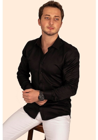 Siyah Armür Desenli Slimfit Erkek Gömlek Siyah Siyah Armür Desenli Slimfit Erkek Gömlek Siyah