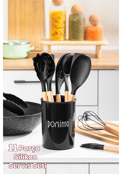 Porsima 3165 Standlı Bambu Silikon 11 Parça Servis Takımı Seti Siyah