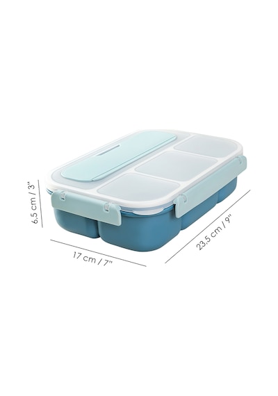 Sızdırmaz Contalı Yemek Kabı - 4 Bölmeli Çatal Kaşıklı Diyet Beslenme Kutusu Lunch Box Mavi MAvi