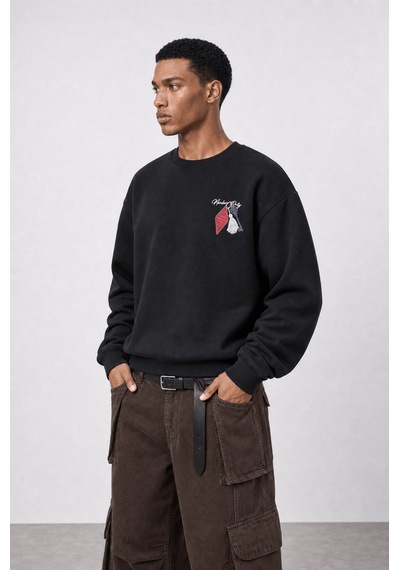Respire Erkek Members Only Baskılı Oversize Sweatshirt Siyah