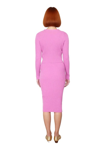Ersefa Kadın Bodycon Kesim Düz Triko Elbise Uzun Kollu V Yaka Midi Boy S Pembe