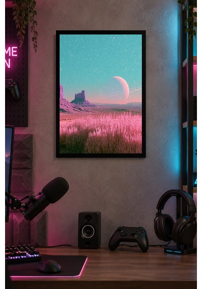 Pembe Mor Ay Manzarası Desenli Dekoratif Mdf Tablo, Çerçeve Görünümlü Ahşap Poster