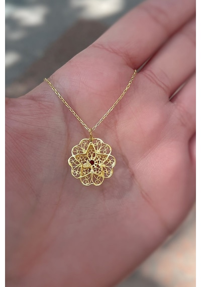 Gümüş Kırmızı Taşlı Telkari Model Kolye Altın