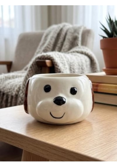Kahverengi Kulak Köpekçik 3d Kabartmalı El Yapımı Krem Parlak Kupa - El İşçiliği 3d Hediyelik Açık Ahşap