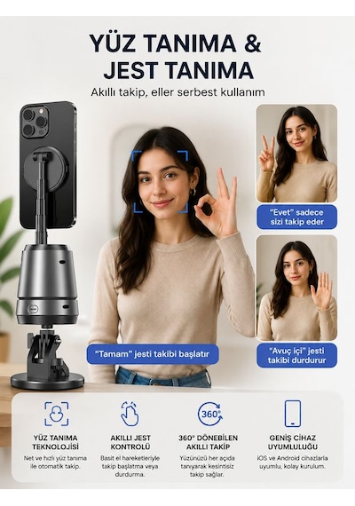 Aı Yüz Takipli Akıllı Gimbal 2000mah Kablosuz Şarjlı 360 Otomatik Dönen Telefon Tutucu