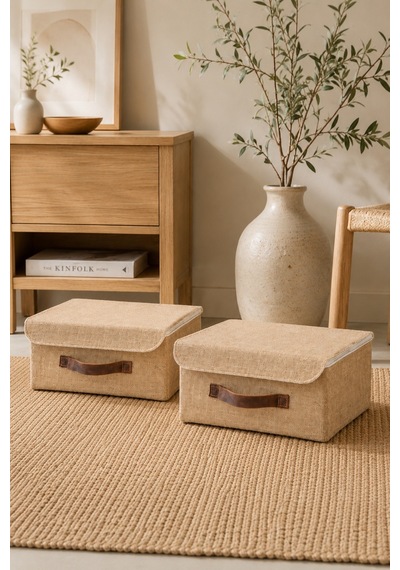 2'li Kapaklı Jüt Düzenleyici M Boy 30x23x13 Cm Dolap İçi Raf Tekstil Banyo Organizer Saklama Kutusu Kahverengi