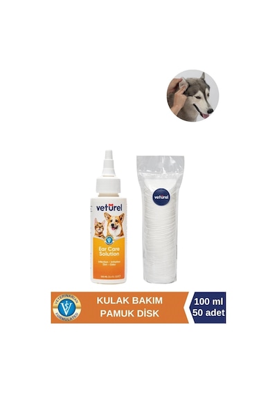 Veturel Köpek Kulak Temizleme Solüsyon Kir Enfeksiyon Kaşıntı Koku Kulak Uyuzu 100 ML + Disk Pamuk 50'li