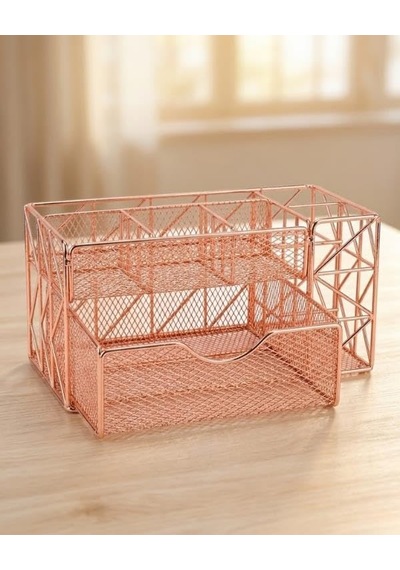 Rose Gold Metal Mesh Masaüstü Organizer Çekmeceli Çok Bölmeli 21.8x11.5x11 Cm 9510 Genel