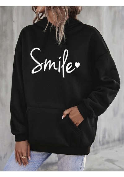 Smile Sweatshirt - Siyah Baskılı Oversize Kapüşonlu Siyah