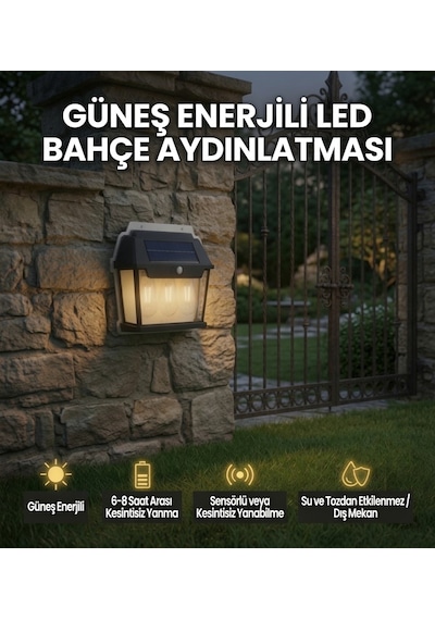 Güneş Enerjili Sensörlü Led Bahçe Duvar Apliği 3 Ampullü Solar Dış Mekan Aydınlatma Suya Dayanıklı