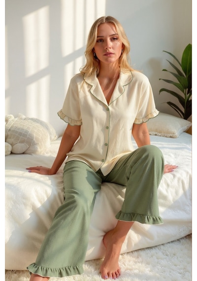 Bella Notte Kısa Kollu Uzun Düğmeli Pijama Takımı Yeşil