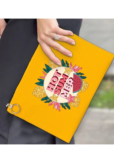Bk Gift Yaz Temalı-8 Astarlı Sarı Portföy Çanta 30x21cm, Baskılı El Çantası, Organizer Çanta