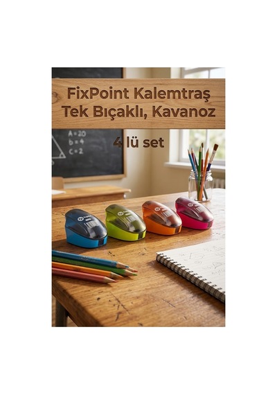 Kalemtraş 4 Adet Hazneli Tek Bıçaklı Fixpoint P-6041 Standart Kalem Açacağı Plastik Kalemtıraş Kalem Traş