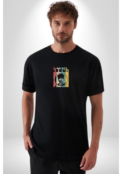 Atatürk İmzalı Türk Logo Siyah Oversize Unisex Ön Orta Minimal Baskılı Tişört Siyah