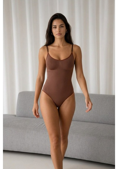 Fit Women Kadın Kapsız Cırt Cırtlı Düz Desen Kahverengi Body