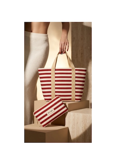 Aşkana %100 Pamuk Çizgili Büyük Marin Plaj Çantası 42,5x28x15 Cm Lacivert Ve Kırmızı Renk Seçeneği Kırmızı