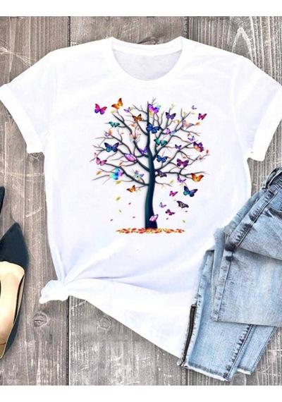 Rahat Kalıp Tree & Butterfly Baskılı Tshirt Beyaz