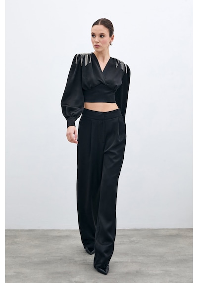 Sateen Pileli Saten Krep Pantolon - Siyah-135692 Siyah