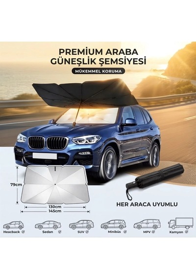 Ers Premium Katlanabilir Araç Ön Cam Güneşliği Şemsiye Tipi Oto Güneşlik, Uv Korumalı Isı Yalıtımlı Ön Cam Gölgelik