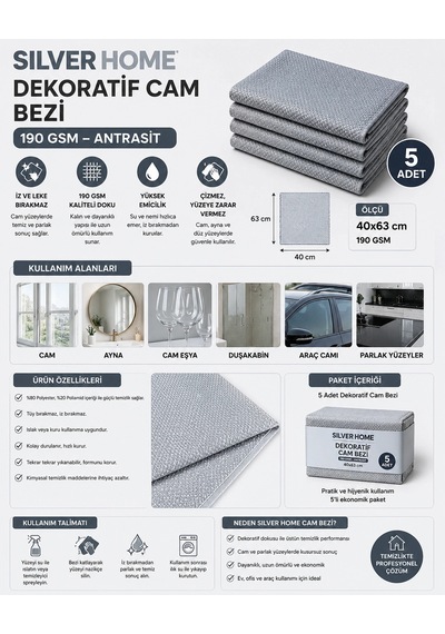 Silver Home 190 Gsm 40x63 Cm Dekoratif Cam Bezi-antrasit X 5 Adet Çok Renkli