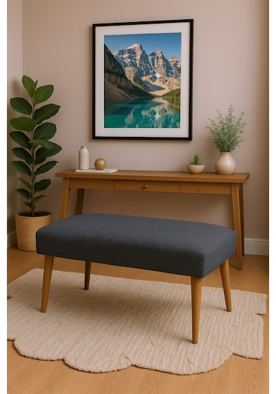 Azra Mobilya Modern Keten Kumaş Puf Bench 90x45 Cm Demonte Ahşap Ayaklı Oturma Pufu - Koyu Gri Koyu Gri