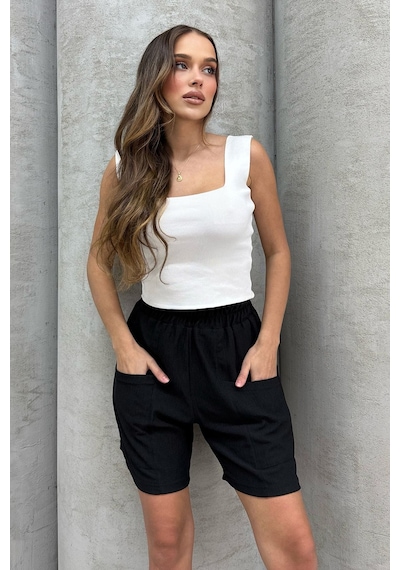 Lesa Wear Yüksel Bel Bol Kesim Keten Görünümlü Çift Cepli Şort Siyah