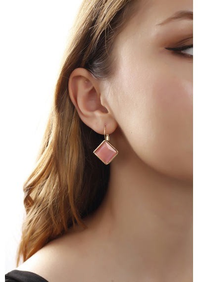 Matya Mat Altın Kaplama Sallantılı Pembe Kare Taşlı Model Küpe Altın