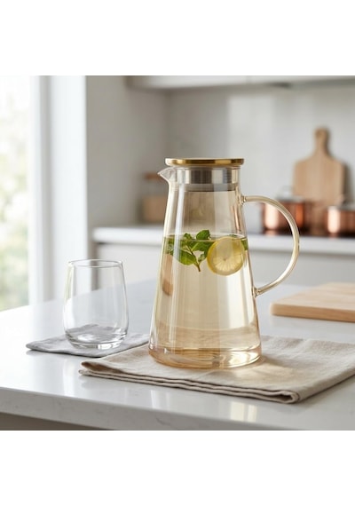 Deconox Borosilikat Cam Sürahi 1.9 Litre - Isıya Dayanıklı, Gold Renk Luster Boyalı Ve Paslanmaz Çelik Süzgeçli