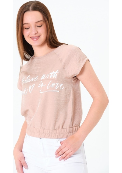 Sortie Collection Reglan Kollu Yazı Baskılı Beli Lastikli Bluz Bej