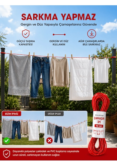 Beylini 2 Adet 10 Mt Polyester Çamaşır İpi Pvc Kaplama Sarkma Yapmaz Balkon Çamaşır Askılığı Çok Amaçlı Kurutma Kırmızı