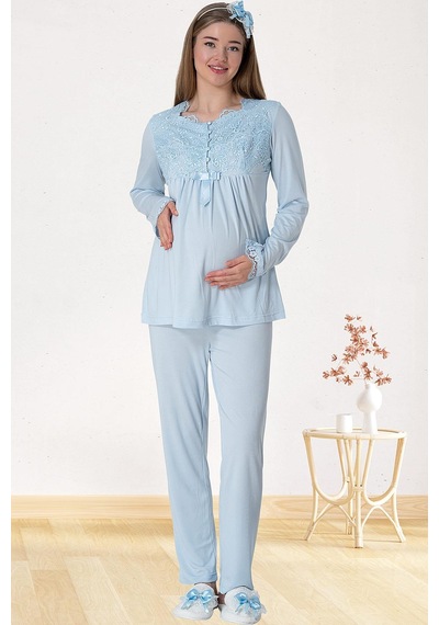 Mecit Pijama Mecit 5416 Mavi Uzun Sabahlıklı Lohusa Pjama Takımı
