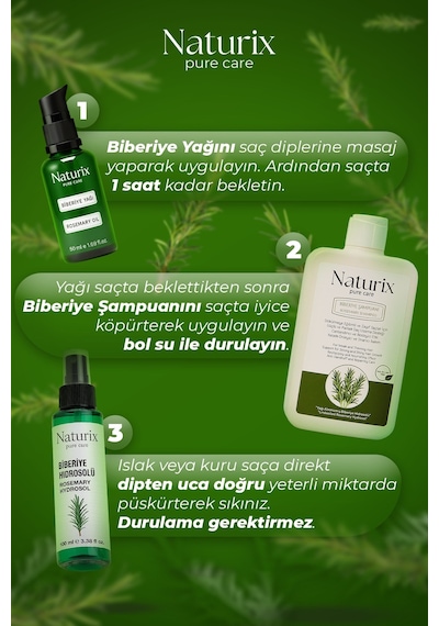 Naturix Dökülme Karşıtı ve Hızlı Saç Uzatan Doğal Biberiye Şampuanı Yağı ve Tonik Saç Bakım Seti 3'lü