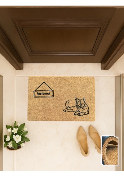 Gatto 40x60 Cm, Kedili Kapı Önü Koko Paspası Evcil Hayvan Temalı, Kaymaz Taban Açık Kahverengi