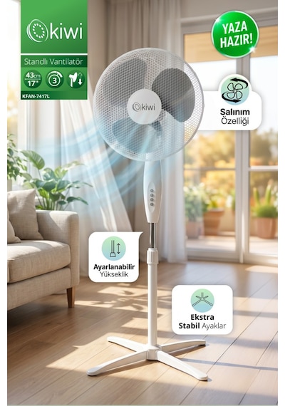 Kiwi Kfan-7417l Standlı Vantilatör 3 Kademe & Salınım & 70 Cm Stabil Taban