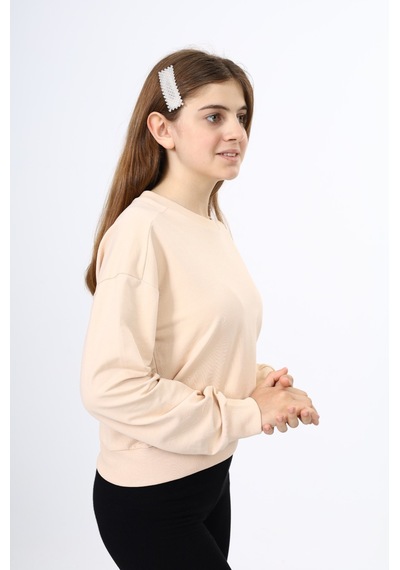 Toontoy Kız Çocuk Düşük Omuz Gazeli Okul Sweatshirt Bej
