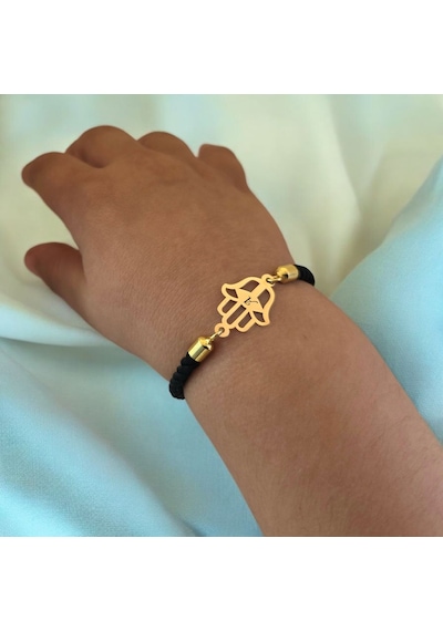 A Harfine Özel Siyah İpek Örgülü Hamsa Motifli 14 Ayar Altın Plakalı Hediye Bileklik-509harf A