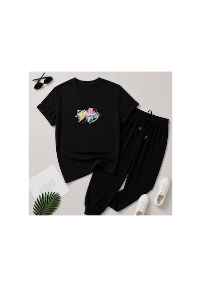 Herkesemoda Pop Art Yazı Baskı Detaylı T-shirt Eşofman Takımı Siyah