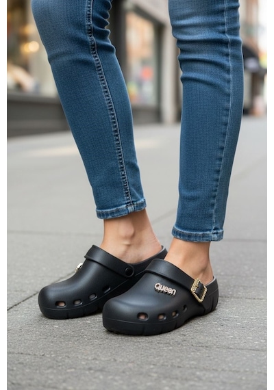 Calx Kadın Önü Kapalı Sabo Terlik Tokalı Rahat Günlük Crocs Tarzı Hafif Taban Terlik Bnt215 Siyah