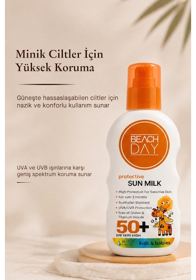 Beach Day Bebek ve Çocuklar için Yüksek Koruyucu Güneş Sütü Spf 50+ 150 ML