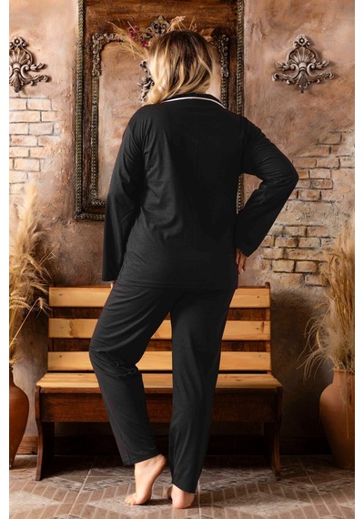 SUDE HOMEWEAR Düğmeli Battal Uzun Kol Pijama Takımı Siyah