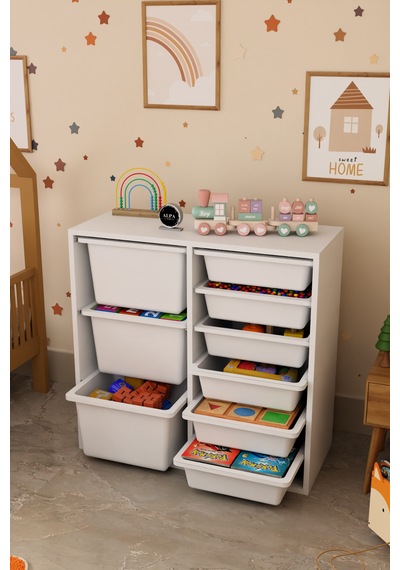 9 Sepetli 2 Bölmeli Oyuncak Dolabı Çok Amaçlı Oyuncak Dolabı Düzenleyici Organizer Beyaz