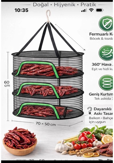Sebze Kurutma Filesi 3 Katlı Siyah - Yeşil