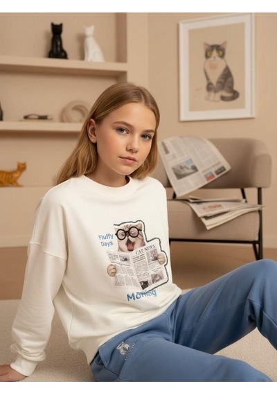 Kız Çocuk Kedi Baskılı Oversize Tasarım Sweatshirt-16487 Ekru