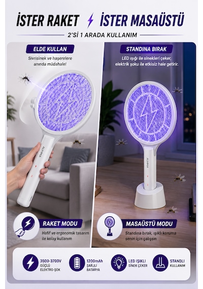 Aqm04 Şarjlı Elektrikli Auhma Sinek Öldürücü Raket 3500-3700v , Standlı Masaüstü Kullanım, Led Işıklı, 1200mah