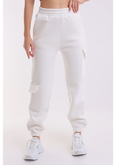 Winmoda34 Kadın Jogger Kalın 3 İplik Yandan Cepli Kargo Eşofman Altı Ekru