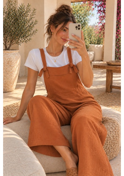 Palena Plnl6141 Doğal Müslin Kumaş Yumuşacık Salopet - Camel