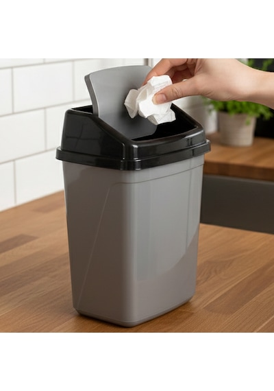 Porsima 0101 Kapaklı Gri-siyah Çöp Kutusu - Favori Banyo Ve Mutfak Çöp Kovası 5lt Siyah