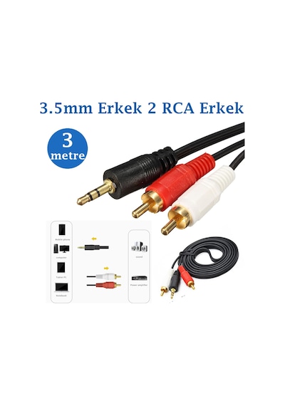 3.5 Mm Erkek To 2Rca Erkek Ses Kablosu Altın Kaplama - 3 Metre